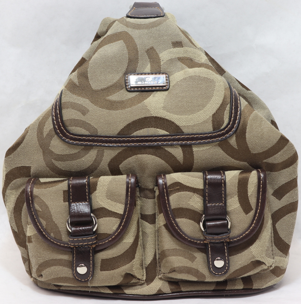 minicci brown soft fabric backpack with minicci logo pattern faux leather trim