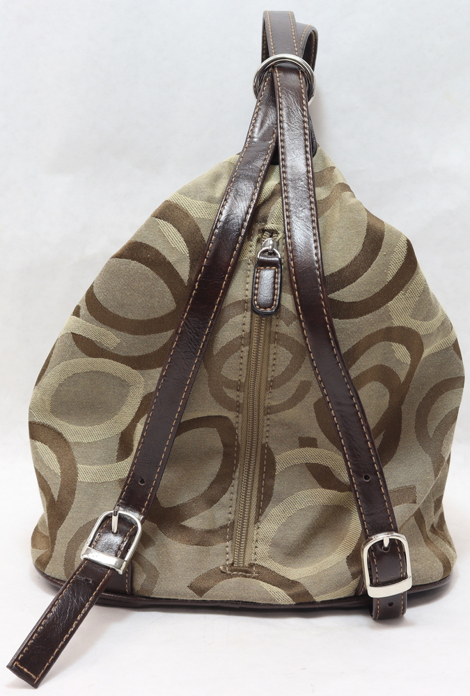 minicci brown soft fabric backpack with minicci logo pattern faux leather trim
