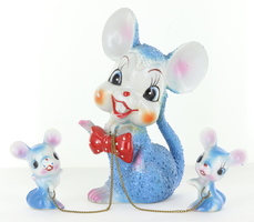 Vintage 1950's Japan Arnart Blue Mother Mouse and Babies, Sugar Ceramic Figurine