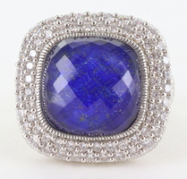 Judith Ripka Sterling Silver Cushion Cut Lapis and Diamonique Ring Size 8