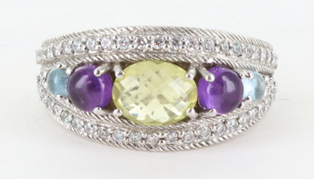  Judith Ripka Sterling Multi-Gemstone and Diamonique Tapered Ring Size 8