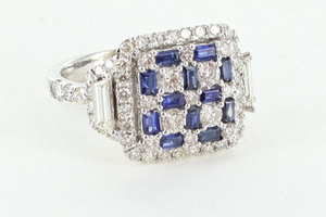 Ladies White Gold 14K Diamond and Sapphire Art Deco Style Ring Size 7