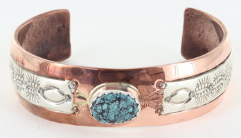  Navajo Handcrafted Stamped Copper & Silver Overlay Turquoise Gemstone Bracelet