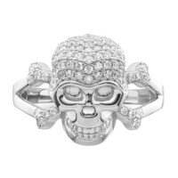 Sterling Silver Rhodium-Plated and CZ Skull Ring