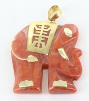 Vintage 14K Yellow Gold & Orange Jade Elephant Pendant