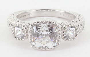 Judith Ripka Sterling Silver 925 CZ Diamonique Ornate Cushion Cut Ring, Size 8