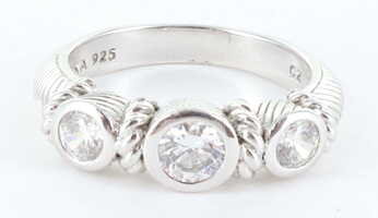 Judith Ripka Sterling Silver 925 CZ Diamonique 3 Stone Cocktail Ring, Size 8