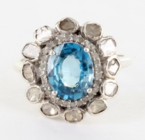 D'Joy Sterling Silver Ratanakiri Blue Zircon & Polki Diamond Ring, Size 9